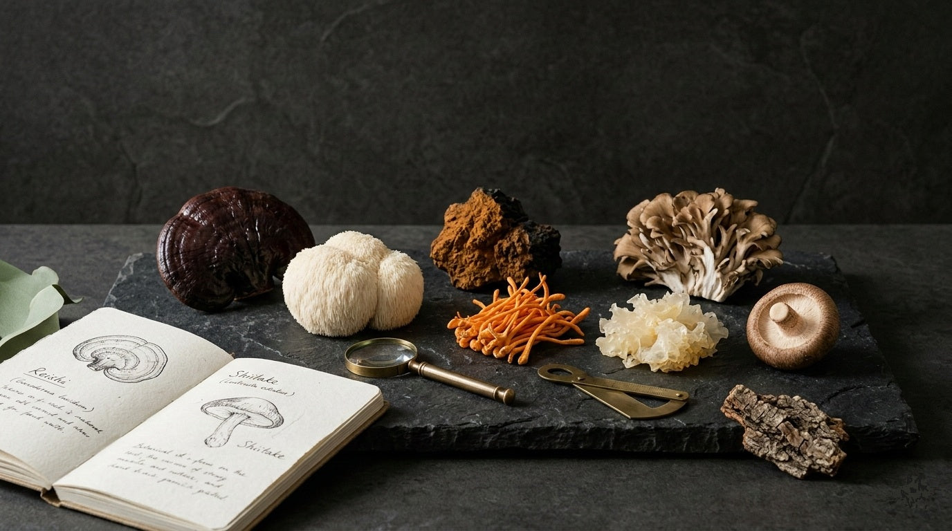 Champignons adaptogènes : reishi, lion’s mane, chaga, cordyceps, maitake et tremella